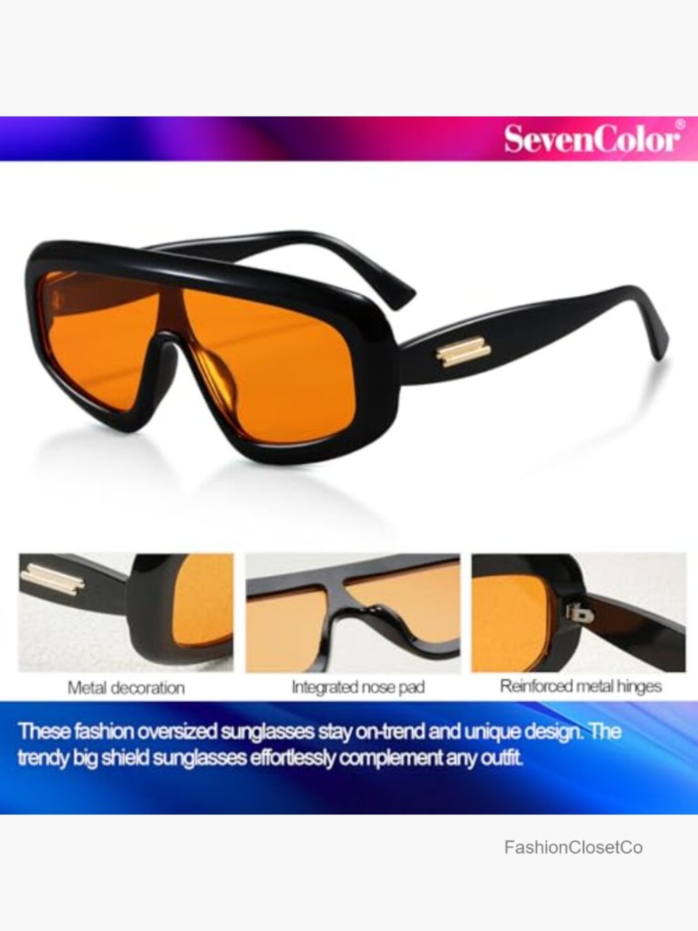 Trendy Oversized Shield Sunglasses UV400 Retro Square Unisex - Picture 6 of 7